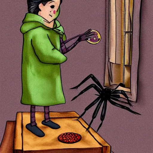 Image similar to a spider that is begging a woman for food, digital art