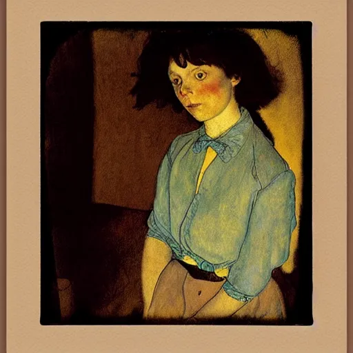 Prompt: a girl in a room, old polaroid by goya, by schiele, digital painting, jugendstil, strong lights, flat colors, pastel colors,