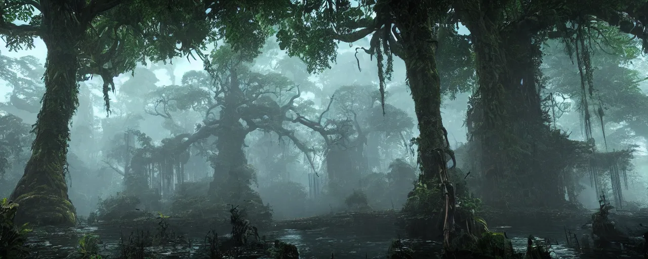 Prompt: a stunning wide shot view of a mythical rainforest, screenshot from bloodborne