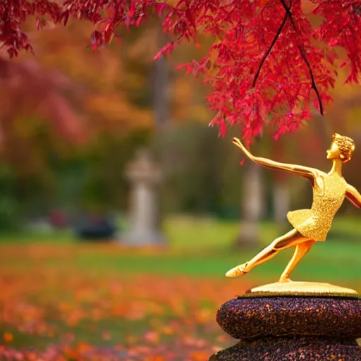 Prompt: Golden ballerina statue in the middle of a park during red autumn. Bokeh.