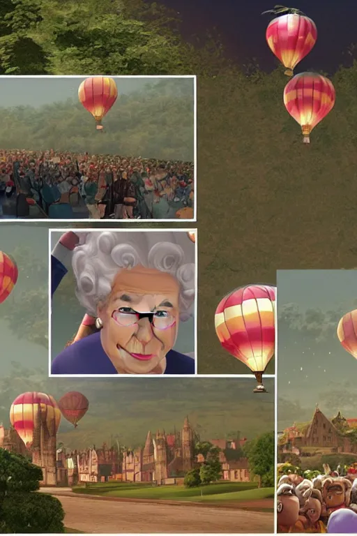 Image similar to queen elizabeth ii in up ( 2 0 0 9 film ) pixar flying in a balloon house