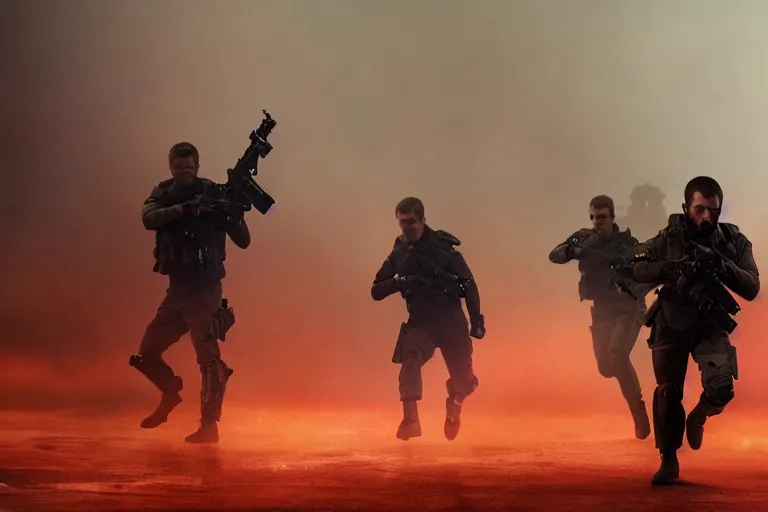 Image similar to vfx film closeup, blade runner 2 0 4 9 futuristic soldiers shoot at enemy robots futuristic war, battlefield war zone, shootout, running, shooting, explosion, battlefront, leaping, flat color profile low - key lighting award winning photography arri alexa cinematography, big crowd, hyper real photorealistic cinematic beautiful, atmospheric cool colorgrade