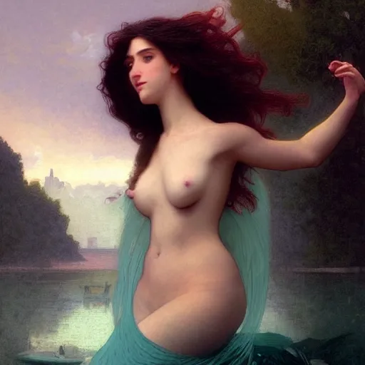 Prompt: a beautiful stunning interesting detailed fantasy whimsical matte digital portrait illustration of a mermaid with turqoise hair, and a yellow-orange and red-violet sunset, spectacular sunset, in the style of William Adolphe-Bouguereau and Marc Simonetti, magic the gathering, trending on artstation hq, contest winner