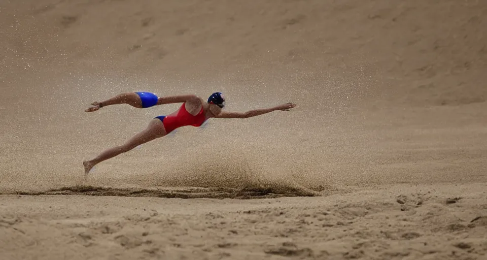 Image similar to olympic swimming in sand instead of water, extremely coherent, motion blur