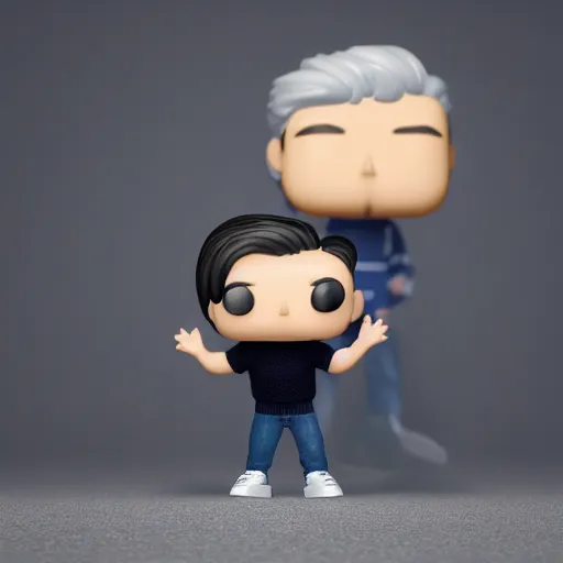 Image similar to a 21 year old skinny white guy with no beard and black hair on top, short on sides, in a navy blue sweater, jeans and grey new balance shoes funko pop close up highly detailed photo