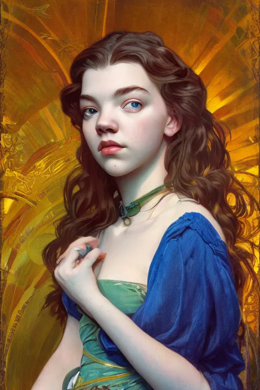 Prompt: portrait of anya taylor-joy, 8k, rich vivid colors, cinematic lighting, digital art, illustration, french noveau, alphonse mucha, artstation