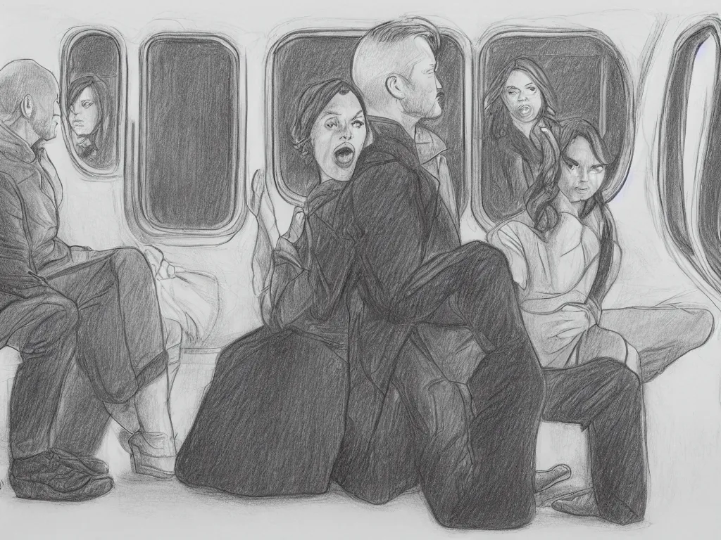 Prompt: a pencil drawing by Geoff Darrow, 3/4 low angle view wide shot of two people sitting in an empty Chicago subway train, in front of windows: a sad Aubrey Plaza in a parka and a friendly Mads Mikkelsen in a suit