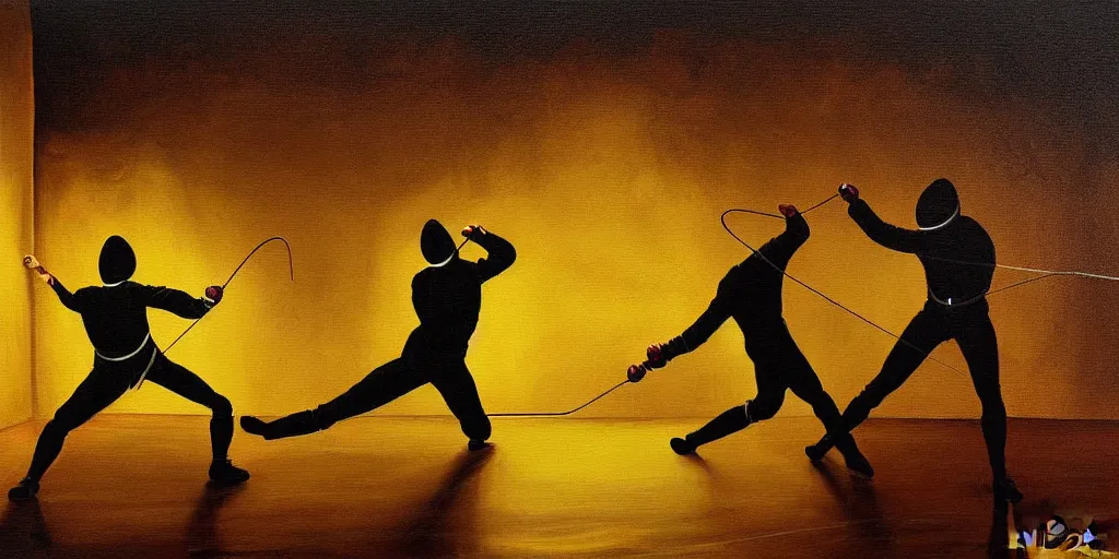 Image similar to fencing dualist masterpiece stage lighting painting by pablo amaringo high contrast rule of thirds 8 k realistic paint texture