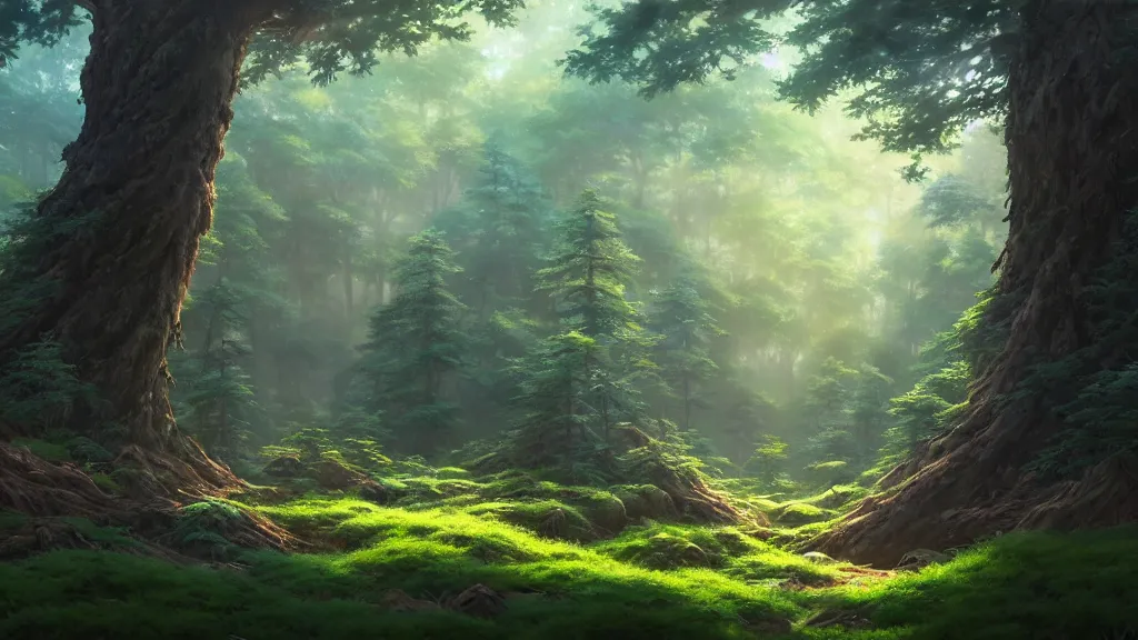 Image similar to forest clearing landscape, studio ghibli, pixar and disney animation, sharp, rendered in unreal engine 5, highly detailed, digital painting, artstation, concept art, smooth, sharp focus, illustration, wide angle, artbook, wallpaper, splash art, promo art, dramatic lighting, art by artgerm and greg rutkowski and bo chen and jin xiaodi