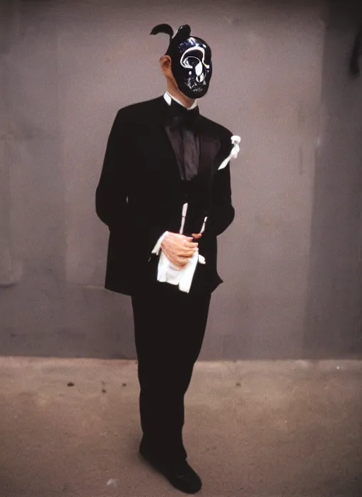 Image similar to a fashion portrait photograph of a man in a black suit wearing mask designed by jean paul gaultier, 3 5 mm, color film camera, pentax