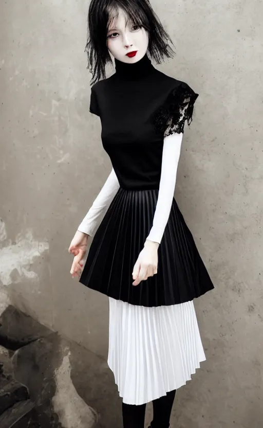 Prompt: Gothic Woman in White Sleeveless turtleneck t-shirt and pleated skirt black. Highly detailed, 50mm, cinematic. By Leng Jun