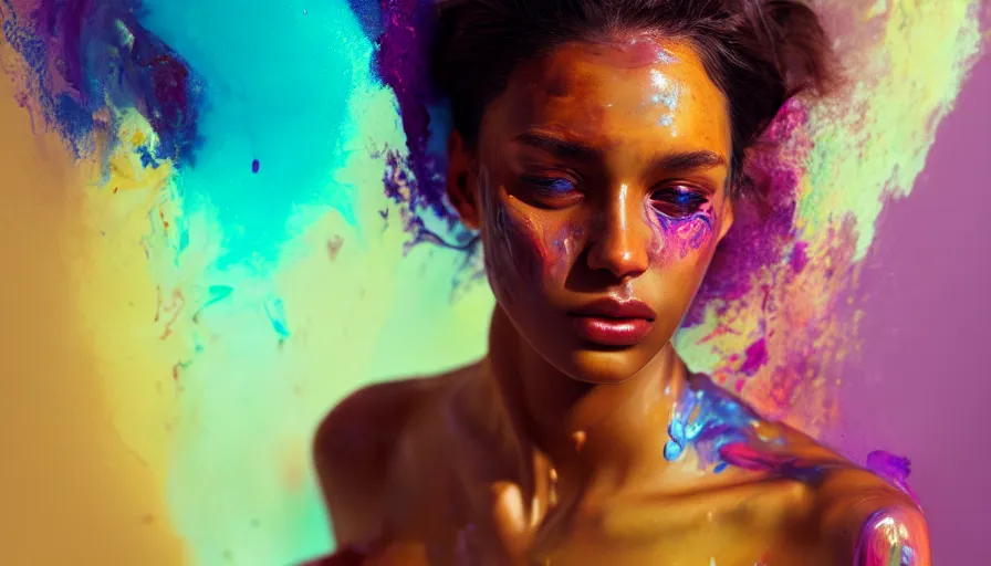 Image similar to very beautiful woman, face submerged in colorful oils, brown skin, realism, extreme detail, real life, key art, soft light, volumetric light, 3 - d shadows, photo by james jean and wlop, photoshoot