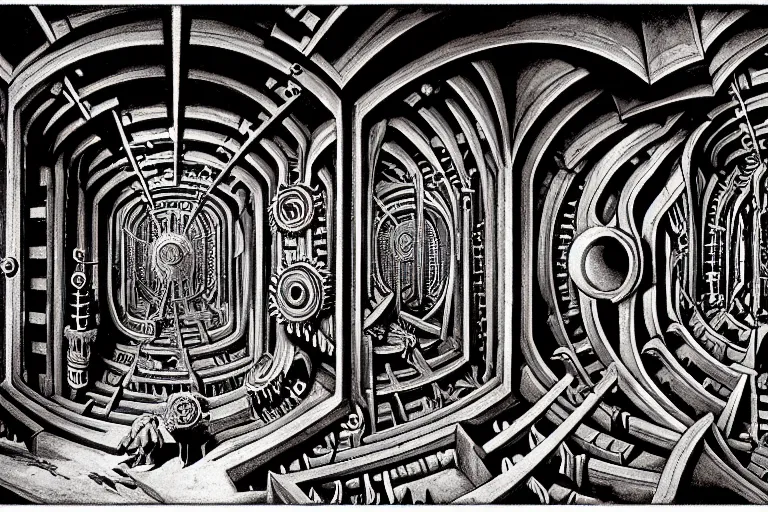 Prompt: the inside of a symmetrical hellish dungeon, mirrors and ancient gears, matte painting, 4 k, epic composition, volumetric light, abstract illusionism, by william stout, roberto da matta, pour paint