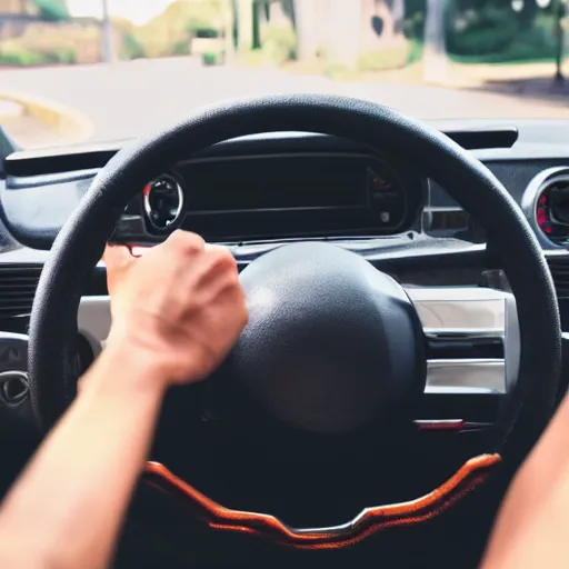 Prompt: muscular arm gripping a steering wheel at the top, first person pov, detailed,