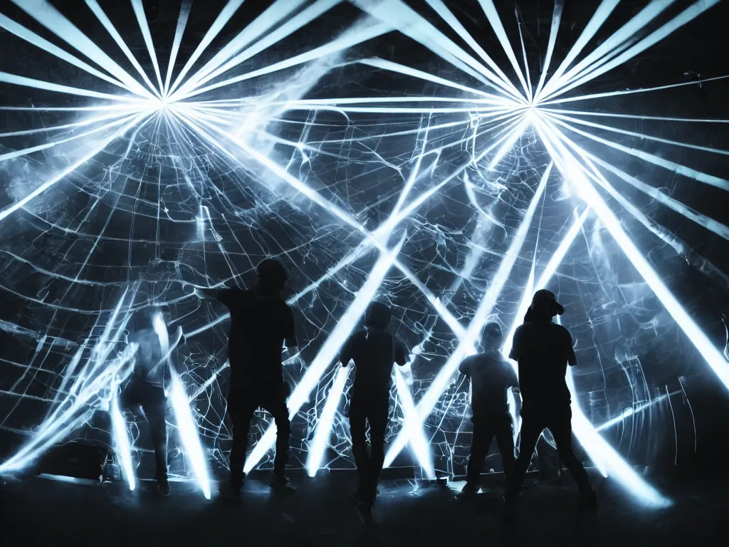 Prompt: white friends rapping in their living room, epic poses, silhouetted, distinct figures, psychedelic hip-hop, laser light show, fog, beams of light, 4k