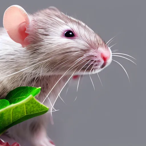 Image similar to photo realistic white rat holding a flower