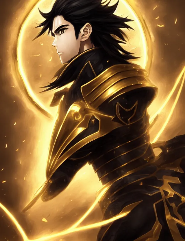 Prompt: a detailed manga portrait of a black haired man with hazel eyes in gleaming golden armour with arcane energy symbols in air around him, trending on artstation, digital art, 4 k resolution, detailed, high quality, sharp focus, hq artwork, coherent, insane detail, character portrait