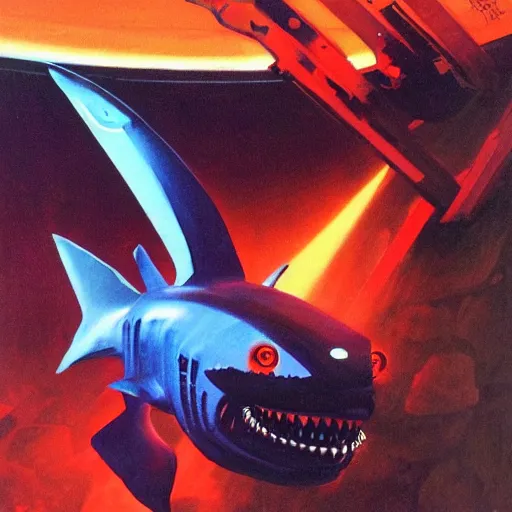 Image similar to a dark and colorful close - up of a sci - fi mecha shark robot with led lights glowing fog in the background. highly detailed science fiction painting by norman rockwell, frank frazetta, and syd mead. rich colors, high contrast, gloomy atmosphere, dark background. trending on artstation