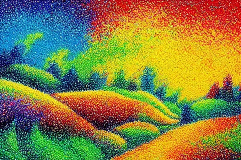 Image similar to Colorful landscape with intense colors, painting, pointillism