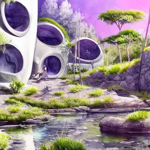 Image similar to beautiful happy picturesque charming sci - fi organic pod - like homes of the future in a beautiful natural scene. water, trees and rocks. beautiful light. soft colour scheme. beautiful artistic detailed watercolor by lurid. ( 2 0 2 2 )