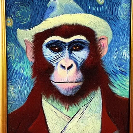 Image similar to a beautiful oil painting of a monkey in a blue suit and white hat , 8k , award winning , made in 1800's , old , painted by vincent van gogh