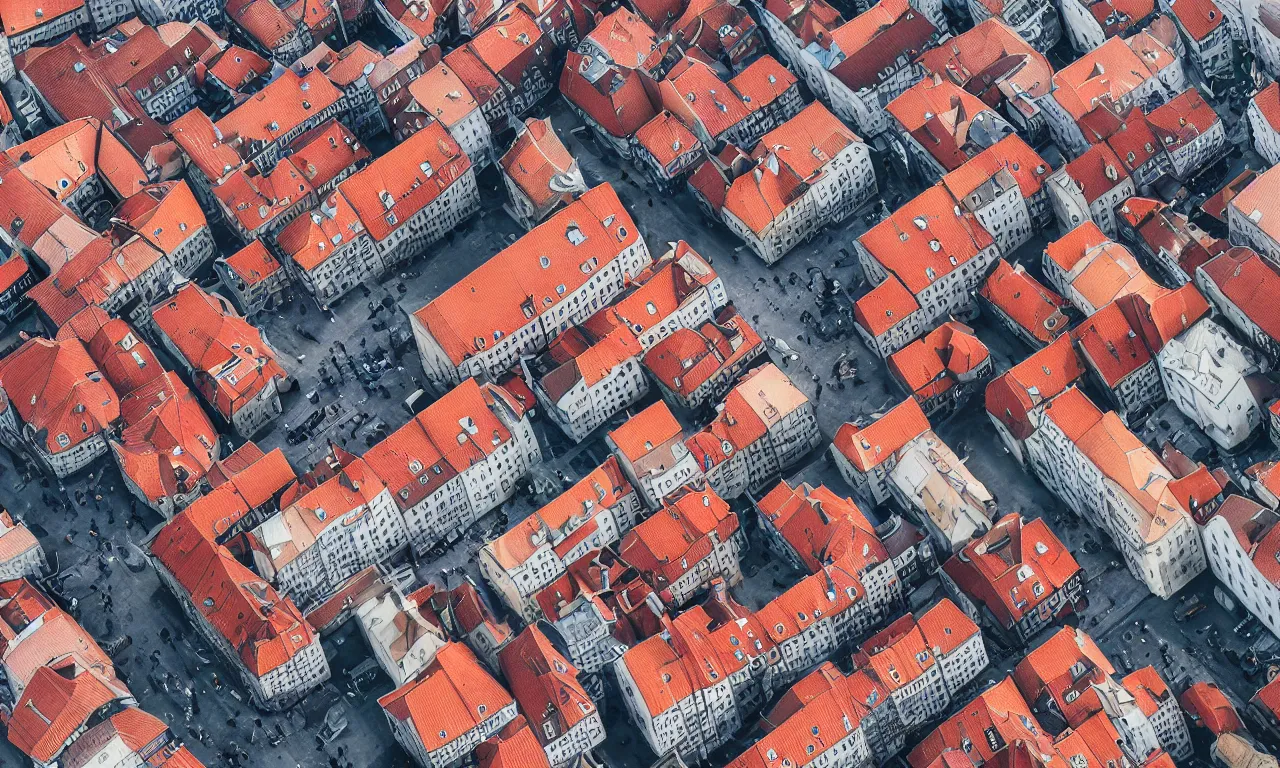 Prompt: birdview, copenhagen roofs, wizard writes a book, nordic pastel colors, abandoned railroads, 3 d art, digital illustration, perfect lighting