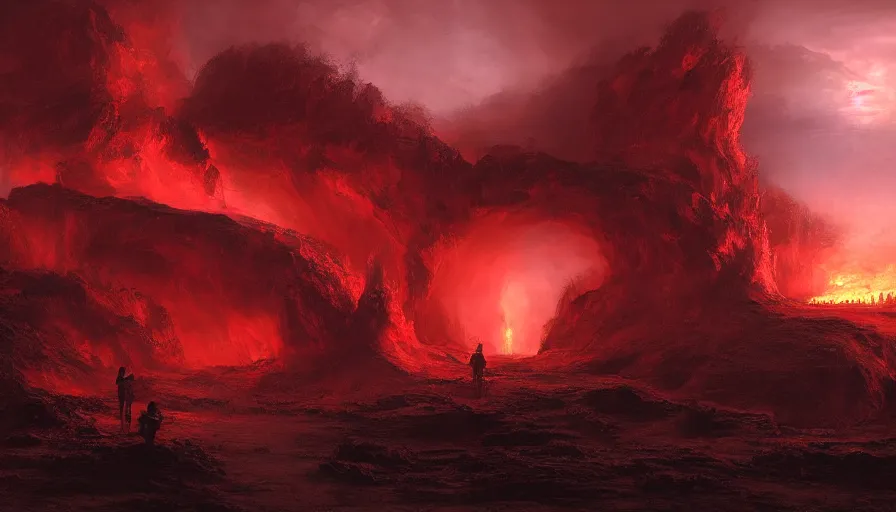 entrance to the underworld, fire, red sky, red rain, | Stable Diffusion