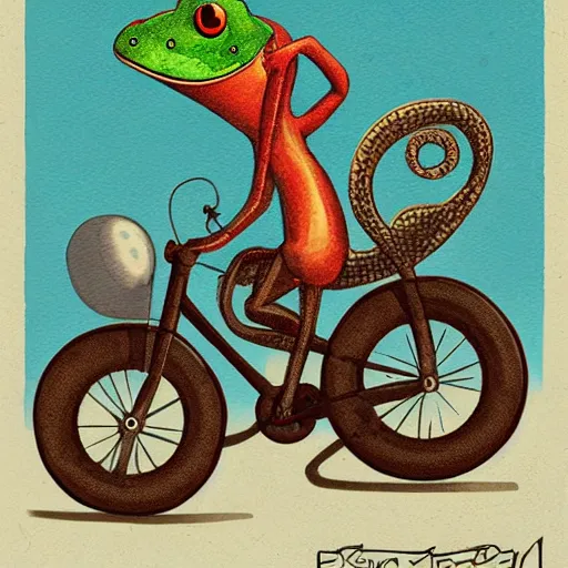 Image similar to book illustration of a frog riding a bike, surrealism