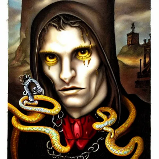 Image similar to a man with a snake around his neck, a surrealist painting by Anne Stokes, tumblr, gothic art, demonic photograph, tarot card, wiccan