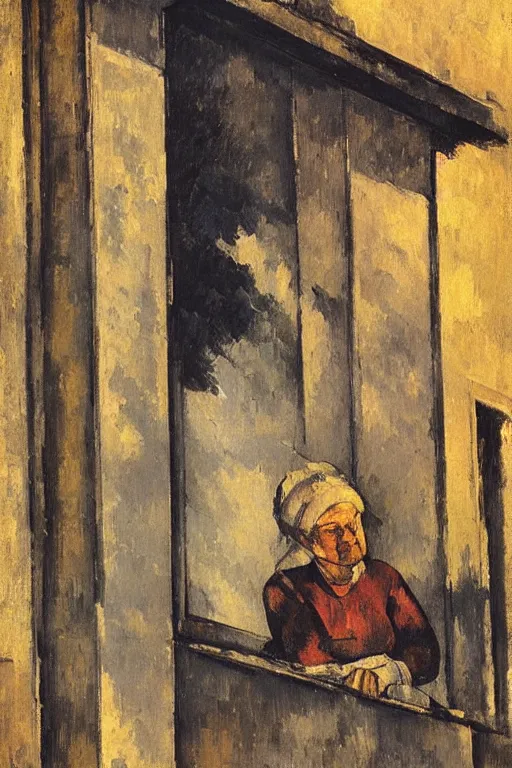 Image similar to an elderly and content italian woman leaning out of the window of an old building, smoking a cigarette, by paul cezanne, firenze, sunset, smooth, expressionist, gold, portrait