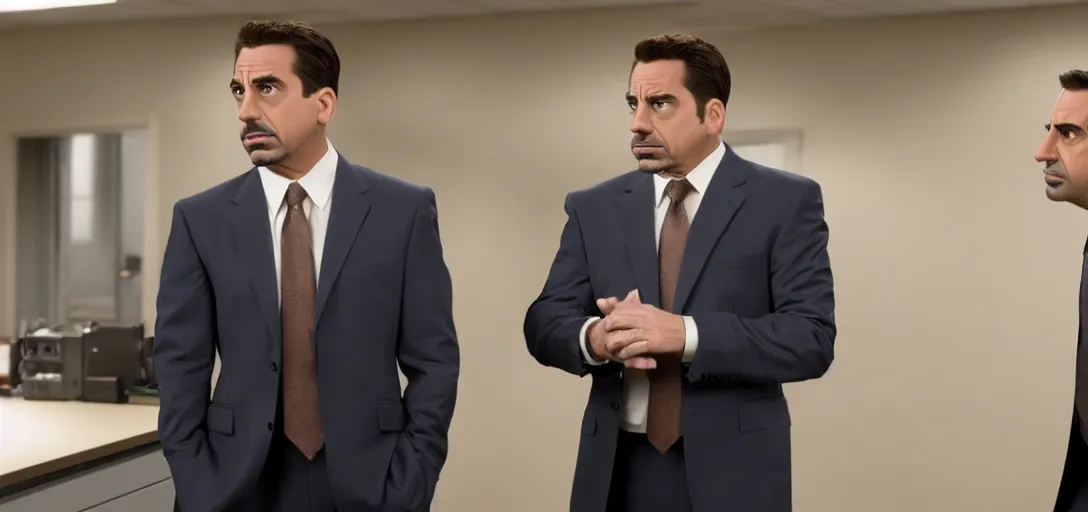 Image similar to a very high resolution image of tony stark and micheal scott. from an episode of the office. photorealistic, photography