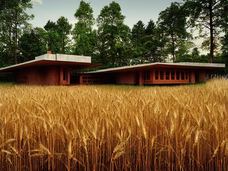 Prompt: hyperrealism design by frank lloyd wright and kenzo tange photography of beautiful detailed small house with many details around the forest in small detailed ukrainian village depicted by taras shevchenko and wes anderson and caravaggio, wheat field behind the house, volumetric natural light