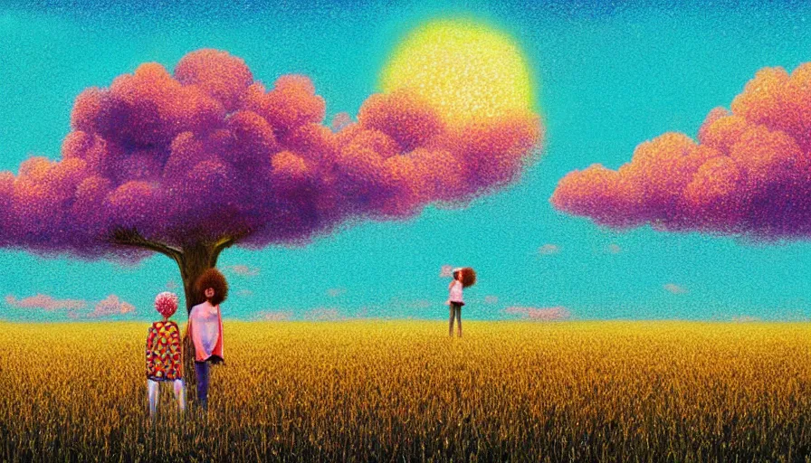 Prompt: daisy afro head, full body, girl watching sunset, empty wheat field, surreal photography, colorful clouds, tree, impressionist painting, colorful clouds, digital painting, pointillism, artstation, simon stalenhag