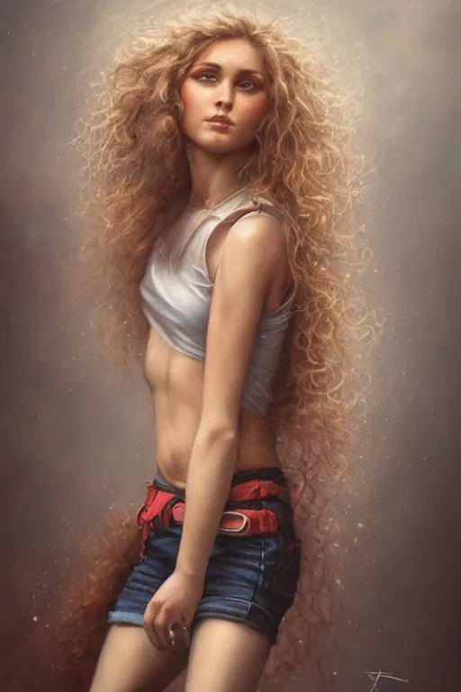 Prompt: a stunning ultra realistic fine art painting of a teenage female rock climber wearing loose jeans, blonde brunette curly hair, by tom bagshaw, studio portrait, vivid colors, detailed hair, 4K