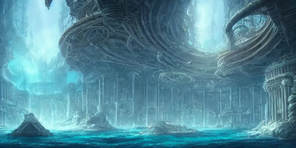 Prompt: underwater city, by role thomas style and giovanni paolo panini style epic, symmetrical, insanely detailed, style of charlie bowater, kelly mckernan, unreal engine render, artstation trends, hyper detail, epic art style, cinematic, concept art