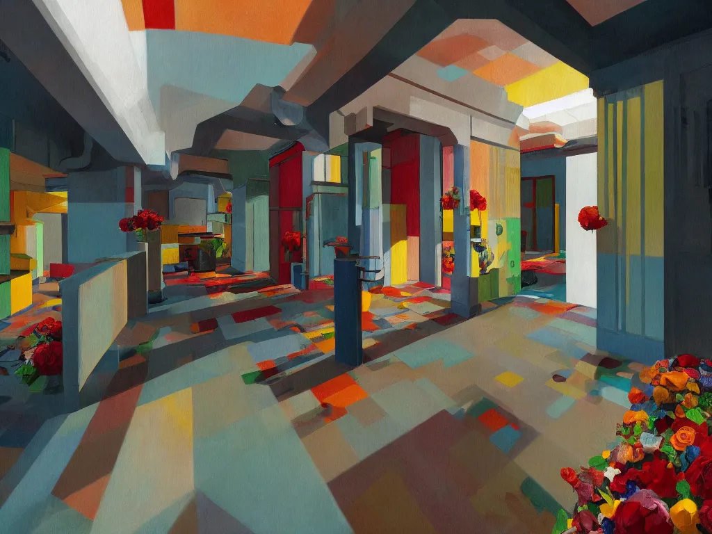 Image similar to colorful minimalist industrial interior hallway with monolithic pillars in the style of ridley scott and stanley kubrick, impossible stijl architecture, bed of flowers on floor, ultra wide angle view, cinematic, god rays, volumetric lighting, realistic detailed painting by edward hopper