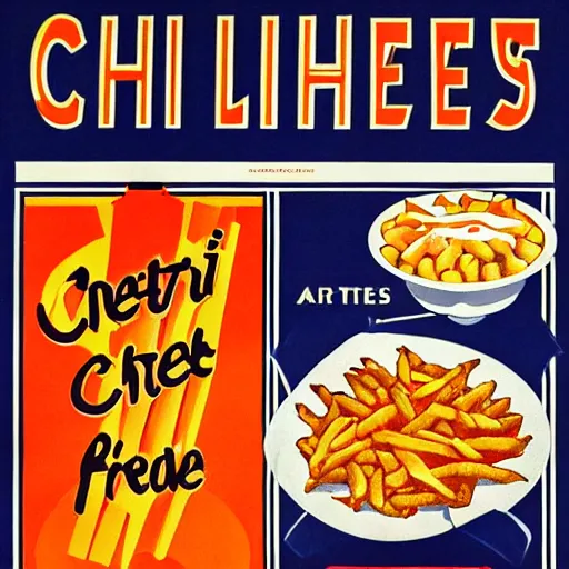 Prompt: Art Deco poster advertising chili cheese fries