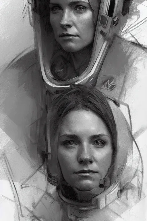 Image similar to portrait pencil sketch of female astronaut by jeremy mann and alphonse mucha, fantasy art, realistic drawing, dynamic lighting, artstation, poster, volumetric lighting, very detailed faces, 4 k, award winning