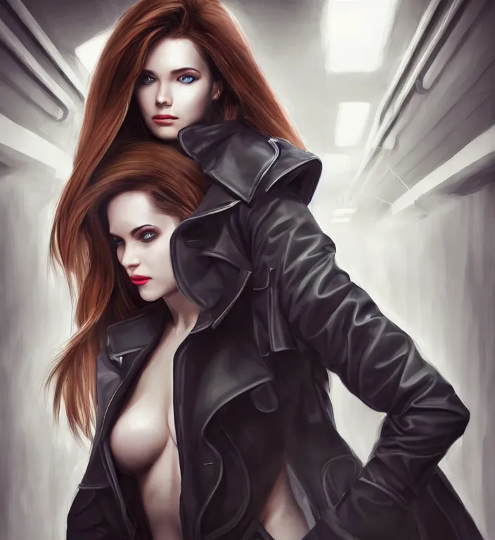 Image similar to photorealistic portrait of a beautiful half cyborg woman with a mischievous look, the half cyborg woman is wearing a long trench coat, in an underground parking garage, in the style of Artgerm and NeoArtCorE