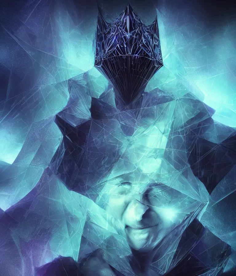 Image similar to impressive ominous front!! shot photo of a court jester character fine portrait fine portrait mesmerizing fractal hyper cubes platinum cracked dark future hyper dimensional space galactic crystal nebula edges elegant detailed intricate concept artstation sharp focus ray tracing cinematic masterpiece temporal corruption beeple wlop germ 8 4 k scifi glossy hyper realistic illustration canon eos r 3 fujifilm x - t 3 0 sony alpha a 6 6 0 0