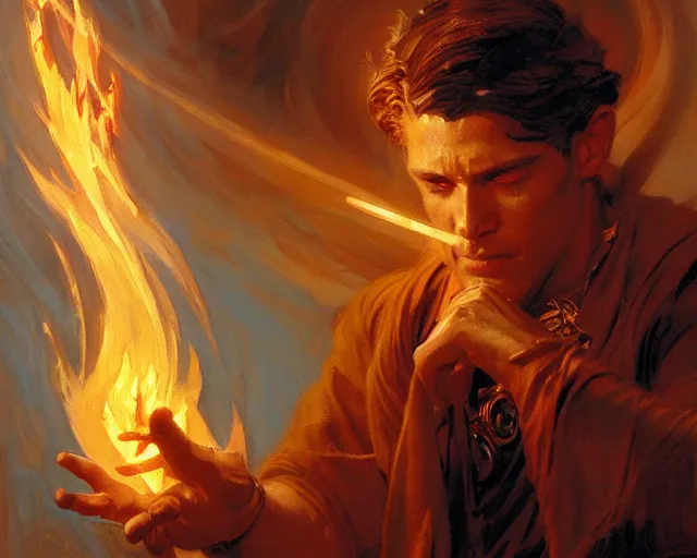Prompt: attractive male wizard casting powerful fire spell. highly detailed painting by gaston bussiere, craig mullins, j. c. leyendecker 8 k