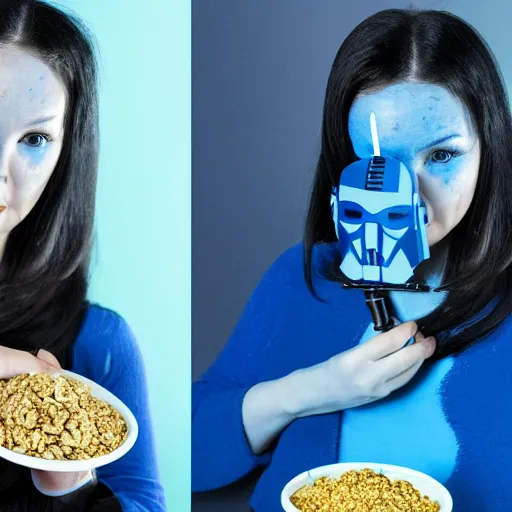 Image similar to a woman with blue skin and two lekku from star wars eats her breakfast cereal, photograph, studio lighting