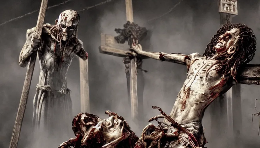 Image similar to Movie by Ridley Scott about a crucified cyborg zombie nailed to a crucifix