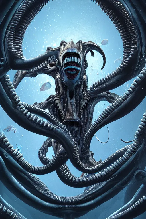 Image similar to underwater xenomorph alien mixed with sharks extra teeth, tentacles, emerging from labyrinth, highly detailed, digital painting, artstation, concept art, smooth, sharp focus, illustration, unreal engine 5, 8 k, art by david levy and carlos huante and ifbb pro fitness photograph