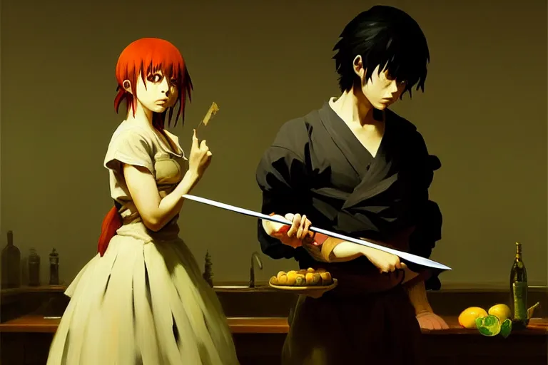 Image similar to baroque oil painting of anime key visual concept art of anime girl serial killer holding bloody kitchen knife, acrylic painting, trending on pixiv fanbox, palette knife and brush strokes, style of makoto shinkai jamie wyeth james gilleard edward hopper greg rutkowski studio ghibli genshin impact