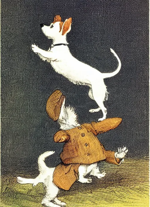 Image similar to jack russel terrier jumping over and over, illustrated by peggy fortnum and beatrix potter and sir john tenniel