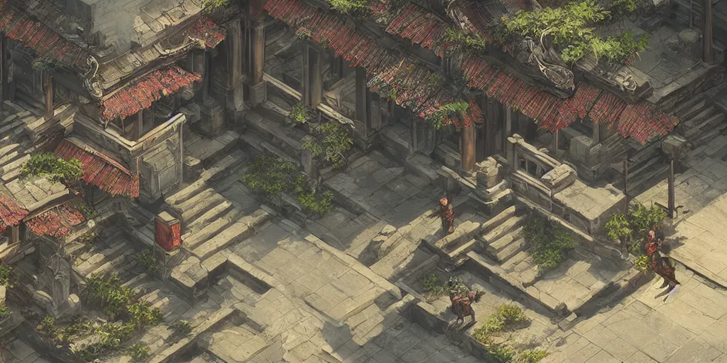 Prompt: vietnamese temple scene, side scroller, 2 d game art background, sharp, detailed, intricate, game level design, cinematic lighting, ultrarealistic, photorealistic, trending on artstation, in the style of yoji shinkawa and greg rutkowski and federico pelat