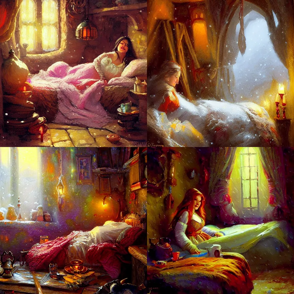 Prompt: a dwarven woman in her cozy stone bedroom at night, snowing outside, warm beautiful scene, comfortable atmosphere, cozy bed, colorful, johan grenier - w 7 6 8