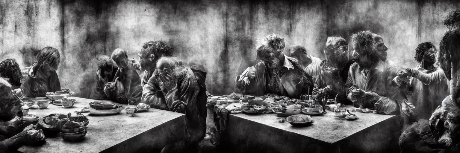 Prompt: Award Winning Editorial wide-angle picture of a Tramps in a Soup Kitchen by David Bailey and Lee Jeffries, called 'The Last Supper', 85mm ND 5, perfect lighting, gelatin silver process