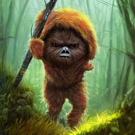 Image similar to a hard working ewok sweeping the forest floor, artstation, colorful